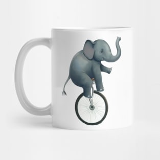 An elephant rides a unicycle Mug